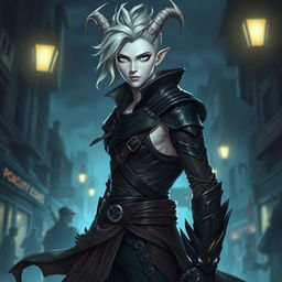 An androgynous male character with pale white skin and striking pale white eyes, styled as a rogue in a fantasy setting, inspired by Dungeons and Dragons