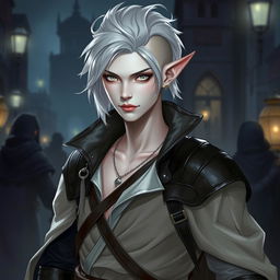 An androgynous male character with pale white skin and striking pale white eyes, styled as a rogue in a fantasy setting, inspired by Dungeons and Dragons