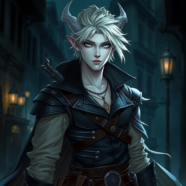 An androgynous male character with pale white skin and striking pale white eyes, styled as a rogue in a fantasy setting, inspired by Dungeons and Dragons