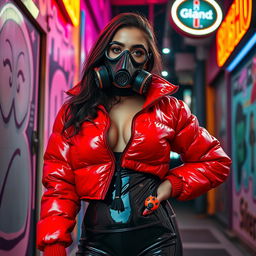 A hot slim girl with big boobs, exuding confidence in a shiny red tight puffer jacket that hugs her body perfectly, matched with provocative black latex leggings that showcase her curves