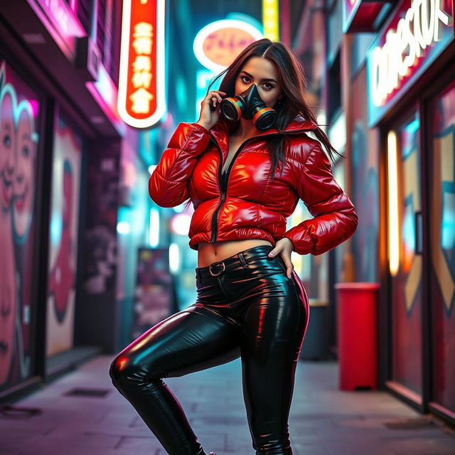 A hot slim girl with big boobs, exuding confidence in a shiny red tight puffer jacket that hugs her body perfectly, matched with provocative black latex leggings that showcase her curves