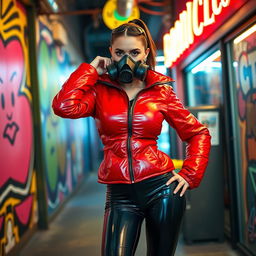 A hot slim girl with big boobs, exuding confidence in a shiny red tight puffer jacket that hugs her body perfectly, matched with provocative black latex leggings that showcase her curves