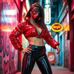 A hot slim girl with big boobs, exuding confidence in a shiny red tight puffer jacket that hugs her body perfectly, matched with provocative black latex leggings that showcase her curves