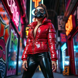 A hot slim girl with big boobs, exuding confidence while wearing a shiny red tight puffer jacket that accentuates her figure, complemented by black latex leggings that highlight her curves