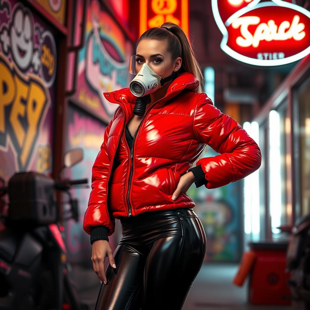 A hot slim girl with big boobs, exuding confidence while wearing a shiny red tight puffer jacket that accentuates her figure, complemented by black latex leggings that highlight her curves