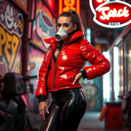 A hot slim girl with big boobs, exuding confidence while wearing a shiny red tight puffer jacket that accentuates her figure, complemented by black latex leggings that highlight her curves