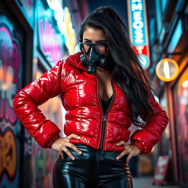 A hot slim girl with big boobs, exuding confidence while wearing a shiny red tight puffer jacket that accentuates her figure, complemented by black latex leggings that highlight her curves