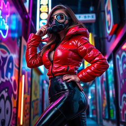 A hot slim girl with big boobs, exuding confidence while wearing a shiny red tight puffer jacket that accentuates her figure, complemented by black latex leggings that highlight her curves