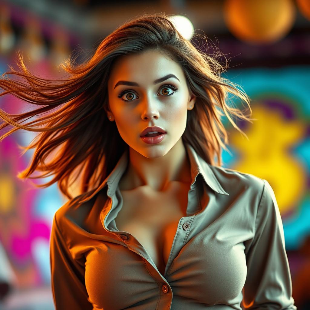 A beautiful woman with a large chest, wearing a stylish shirt, captured in a full-body view