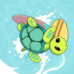 A turtle flipped upside down in a playful, cartoonish style suitable for a pixel art video game, reminiscent of Pokémon surfing