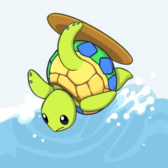 A turtle flipped upside down in a playful, cartoonish style suitable for a pixel art video game, reminiscent of Pokémon surfing