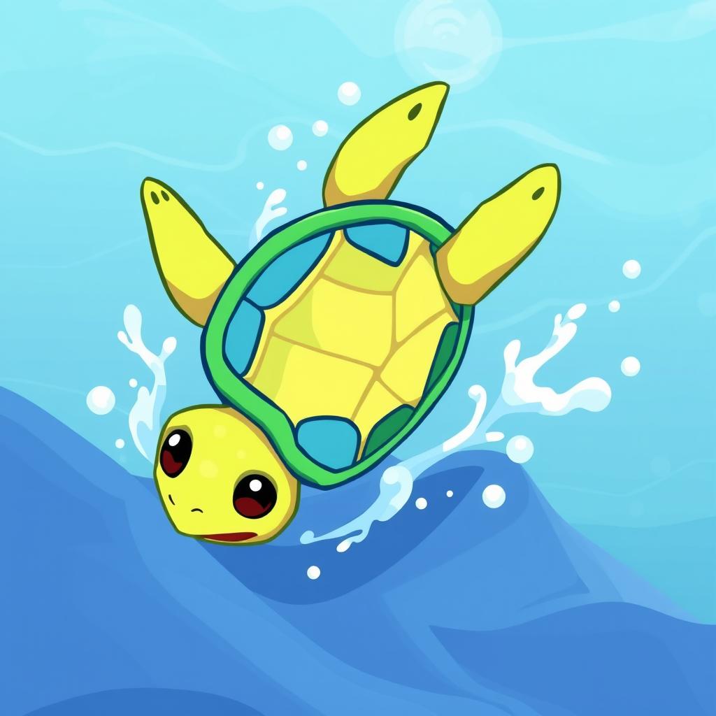 A turtle flipped upside down in a playful, cartoonish style suitable for a pixel art video game, reminiscent of Pokémon surfing