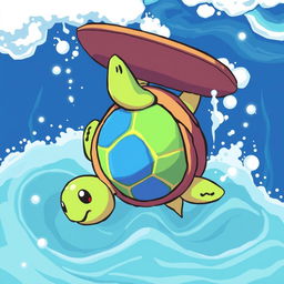 A turtle flipped upside down in a playful, cartoonish style suitable for a pixel art video game, reminiscent of Pokémon surfing