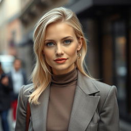 A 35-year-old Belgian woman with light blonde hair, showcasing European features