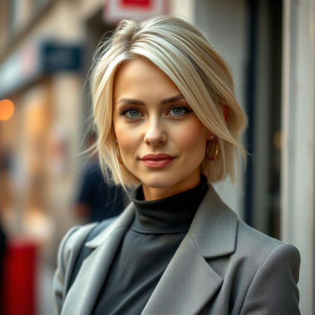 A 35-year-old Belgian woman with light blonde hair, showcasing European features