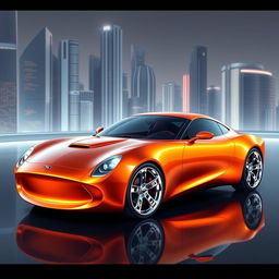 A stunning digital illustration of a futuristic lava orange pearl metallic Ford Thunderbird, reimagined as a supercar from the future
