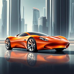 A stunning digital illustration of a futuristic lava orange pearl metallic Ford Thunderbird, reimagined as a supercar from the future