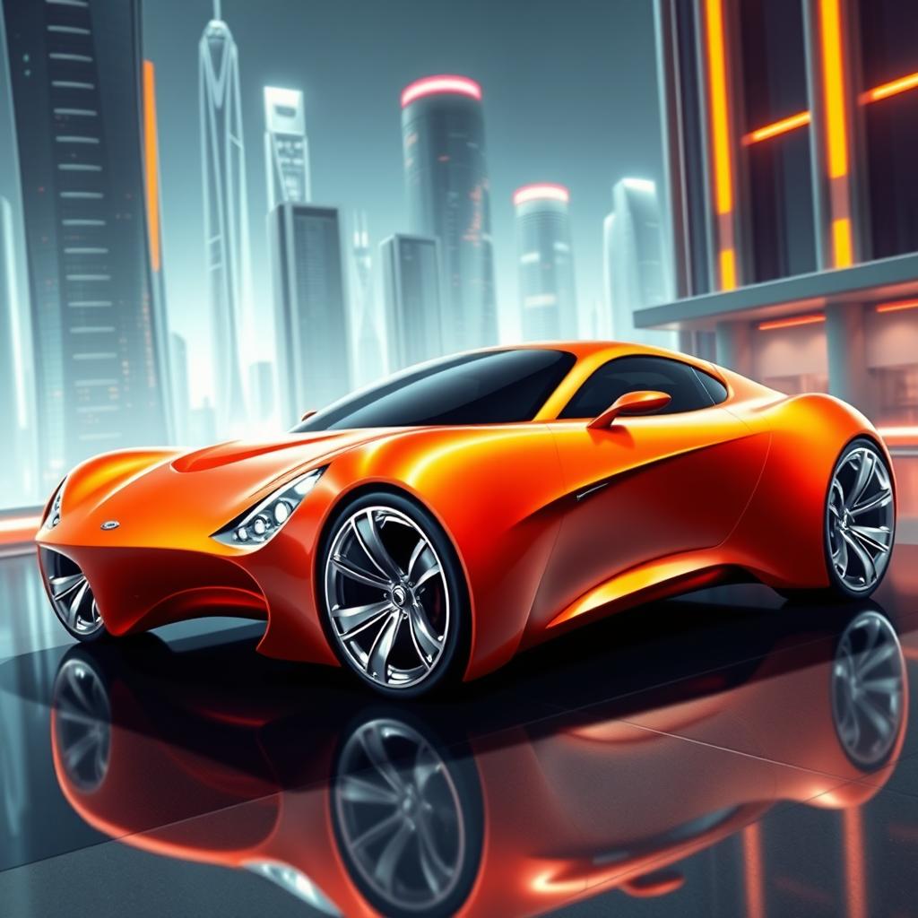 A stunning digital illustration of a futuristic lava orange pearl metallic Ford Thunderbird, reimagined as a supercar from the future