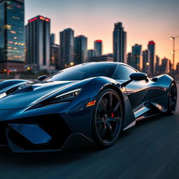 A sleek, futuristic supercar parked in an urban setting during twilight