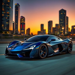 A sleek, futuristic supercar parked in an urban setting during twilight