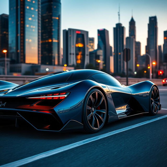 A sleek, futuristic supercar parked in an urban setting during twilight