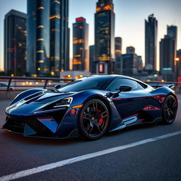 A sleek, futuristic supercar parked in an urban setting during twilight