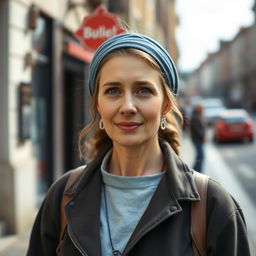 A 35-year-old Belgian woman with a typical European appearance, dressed modestly from head to toe, standing outdoors during the day