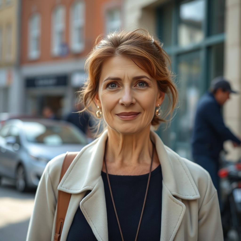 A 35-year-old Belgian woman with a typical European appearance, dressed modestly from head to toe, standing outdoors during the day