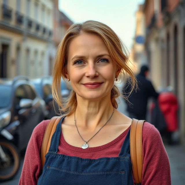 A 35-year-old Belgian woman with a typical European appearance, dressed modestly from head to toe, standing outdoors during the day