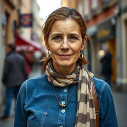 A 35-year-old Belgian woman with a typical European appearance, dressed modestly from head to toe, standing outdoors during the day