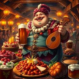 The Sin of Gluttony personified as a jovial, plump character in a fantastical tavern setting