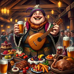 The Sin of Gluttony personified as a jovial, plump character in a fantastical tavern setting