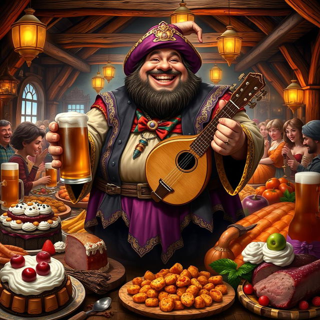 The Sin of Gluttony personified as a jovial, plump character in a fantastical tavern setting