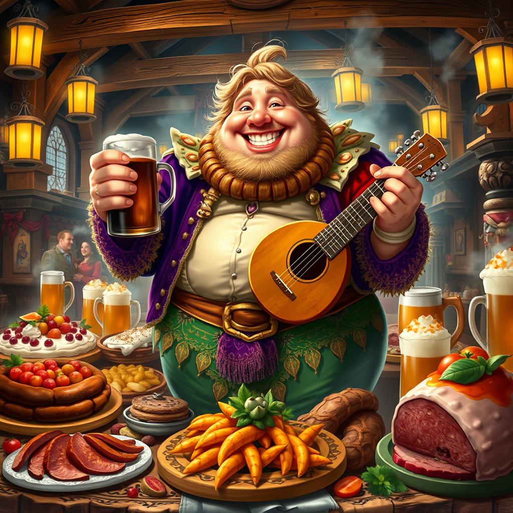 The Sin of Gluttony personified as a jovial, plump character in a fantastical tavern setting