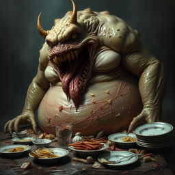 A grotesque and intimidating monster embodying the deadly sin of gluttony