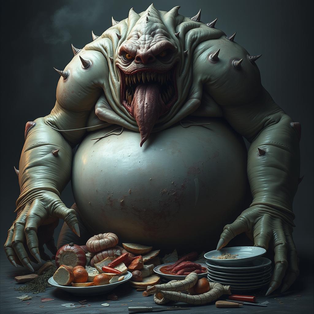 A grotesque and intimidating monster embodying the deadly sin of gluttony