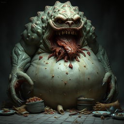 A grotesque and intimidating monster embodying the deadly sin of gluttony