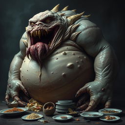 A grotesque and intimidating monster embodying the deadly sin of gluttony