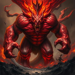 A terrifying monster that embodies the deadly sin of wrath, featuring a towering, muscular figure with rippling muscles and a fierce expression