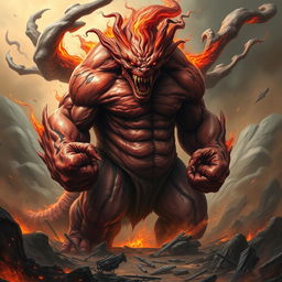 A terrifying monster that embodies the deadly sin of wrath, featuring a towering, muscular figure with rippling muscles and a fierce expression