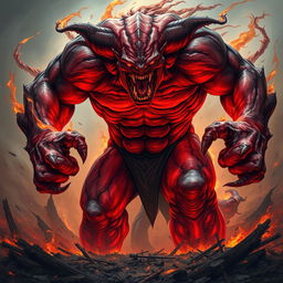 A terrifying monster that embodies the deadly sin of wrath, featuring a towering, muscular figure with rippling muscles and a fierce expression