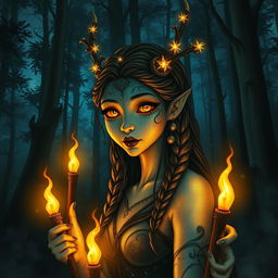 A captivating forest spirit depicted at night, illuminated by the warm glow of five flickering torches that cast dancing shadows on the surrounding trees