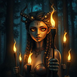 A captivating forest spirit depicted at night, illuminated by the warm glow of five flickering torches that cast dancing shadows on the surrounding trees