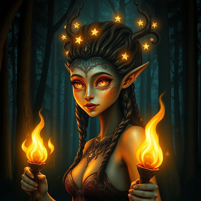 A captivating forest spirit depicted at night, illuminated by the warm glow of five flickering torches that cast dancing shadows on the surrounding trees