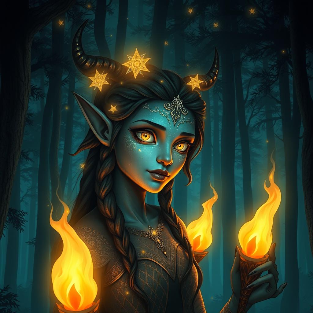 A captivating forest spirit depicted at night, illuminated by the warm glow of five flickering torches that cast dancing shadows on the surrounding trees