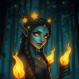 A captivating forest spirit depicted at night, illuminated by the warm glow of five flickering torches that cast dancing shadows on the surrounding trees