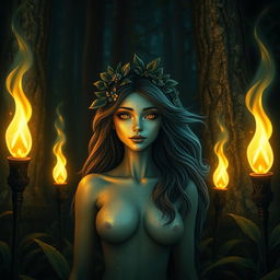 A mystical forest spirit at night, surrounded by five glowing torches that illuminate the dark, enchanting forest