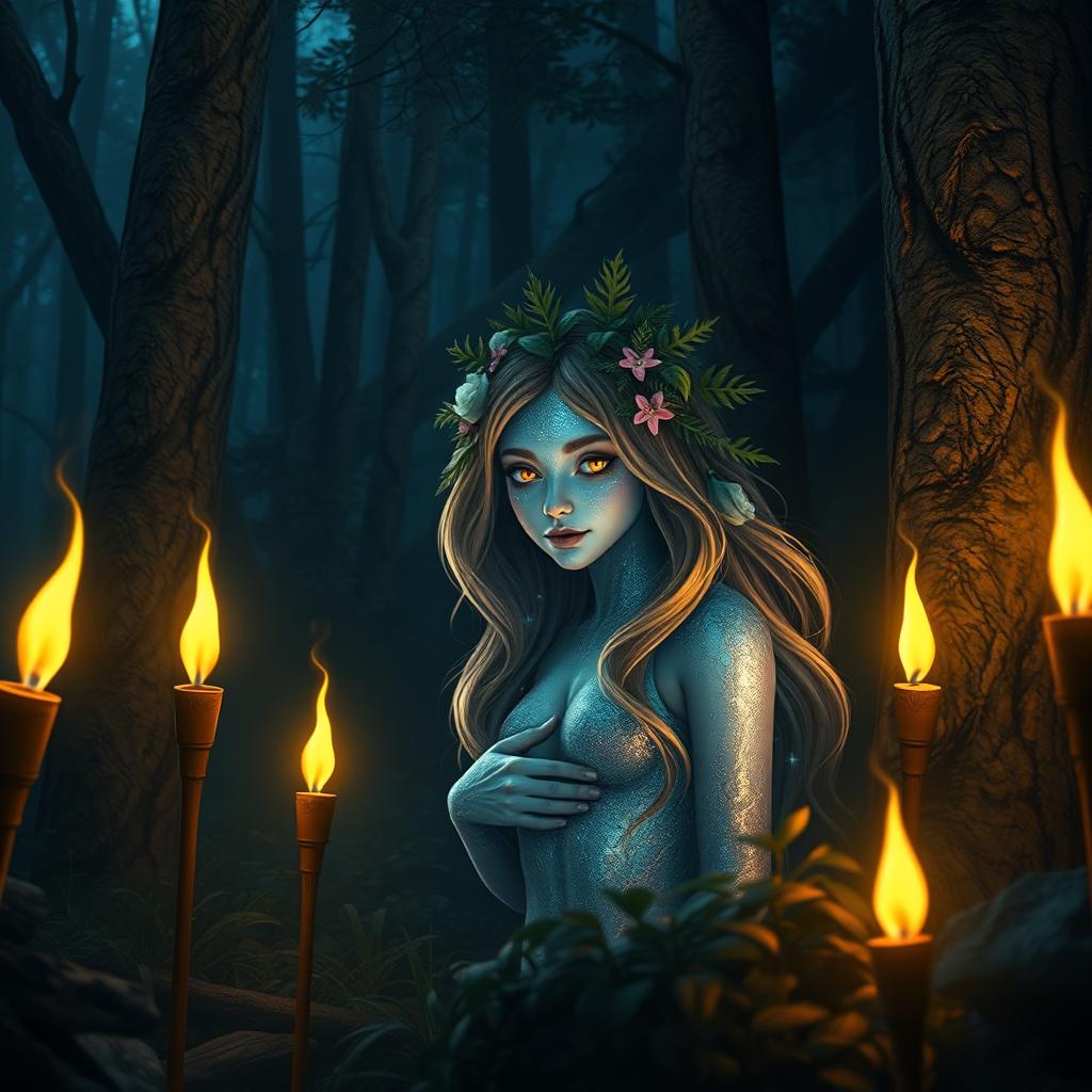 A mystical forest spirit at night, surrounded by five glowing torches that illuminate the dark, enchanting forest