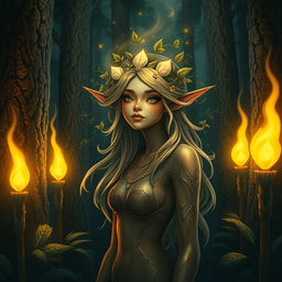 A mystical forest spirit at night, surrounded by five glowing torches that illuminate the dark, enchanting forest