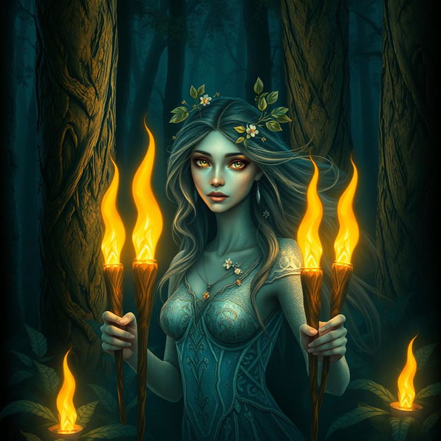 A mystical forest spirit at night, surrounded by five glowing torches that illuminate the dark, enchanting forest